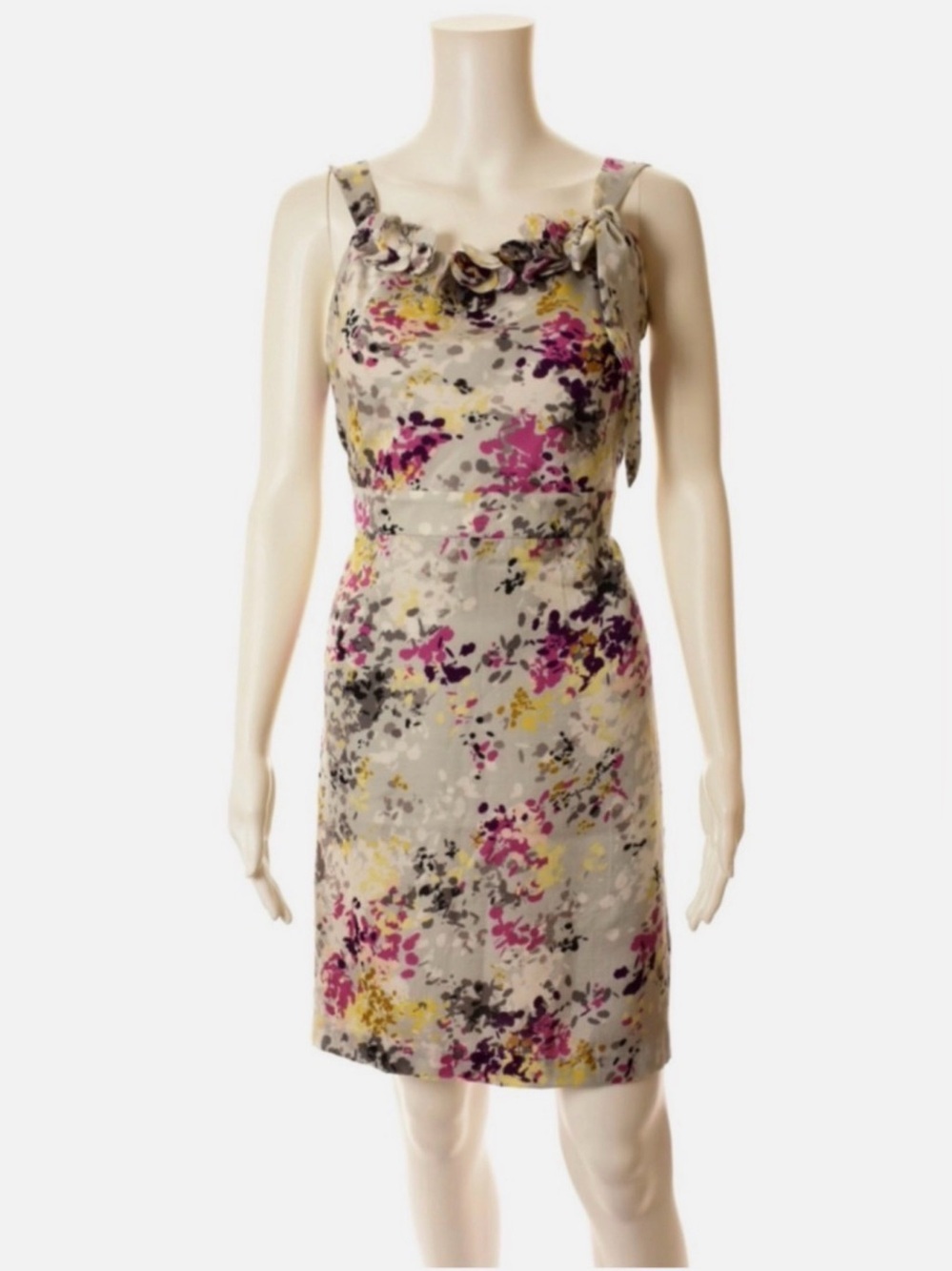 LOFT Floral Ruffle Strap Sheath Dress - Gray, Pink & Yellow - size 4. EE